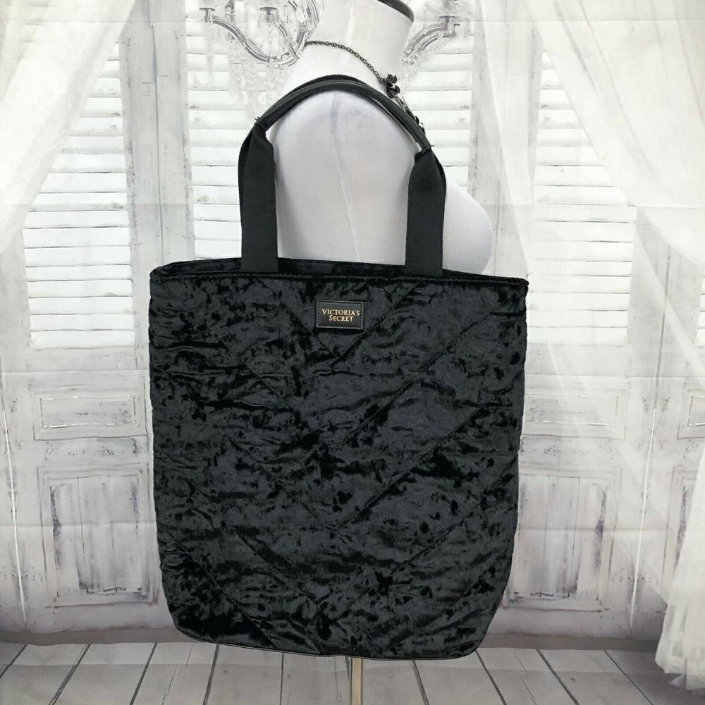 Victoria's Secret Black Tote Purse Handbag Bag Travel Crushed Velvet 17"x16"